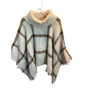 World Market Cream Plaid Poncho Cowl Neck Fringe One Size Cozy Cape Shawl